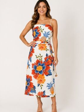FARM Rio White Pineapple Flowers Midi Dress